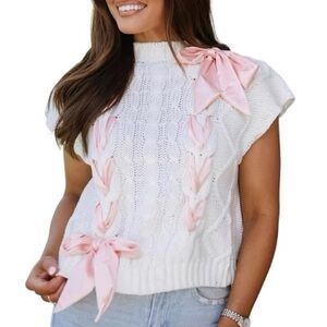 Lace Up Ribbon Sweater Bow Twist Crochet Casual Blouses,White, large